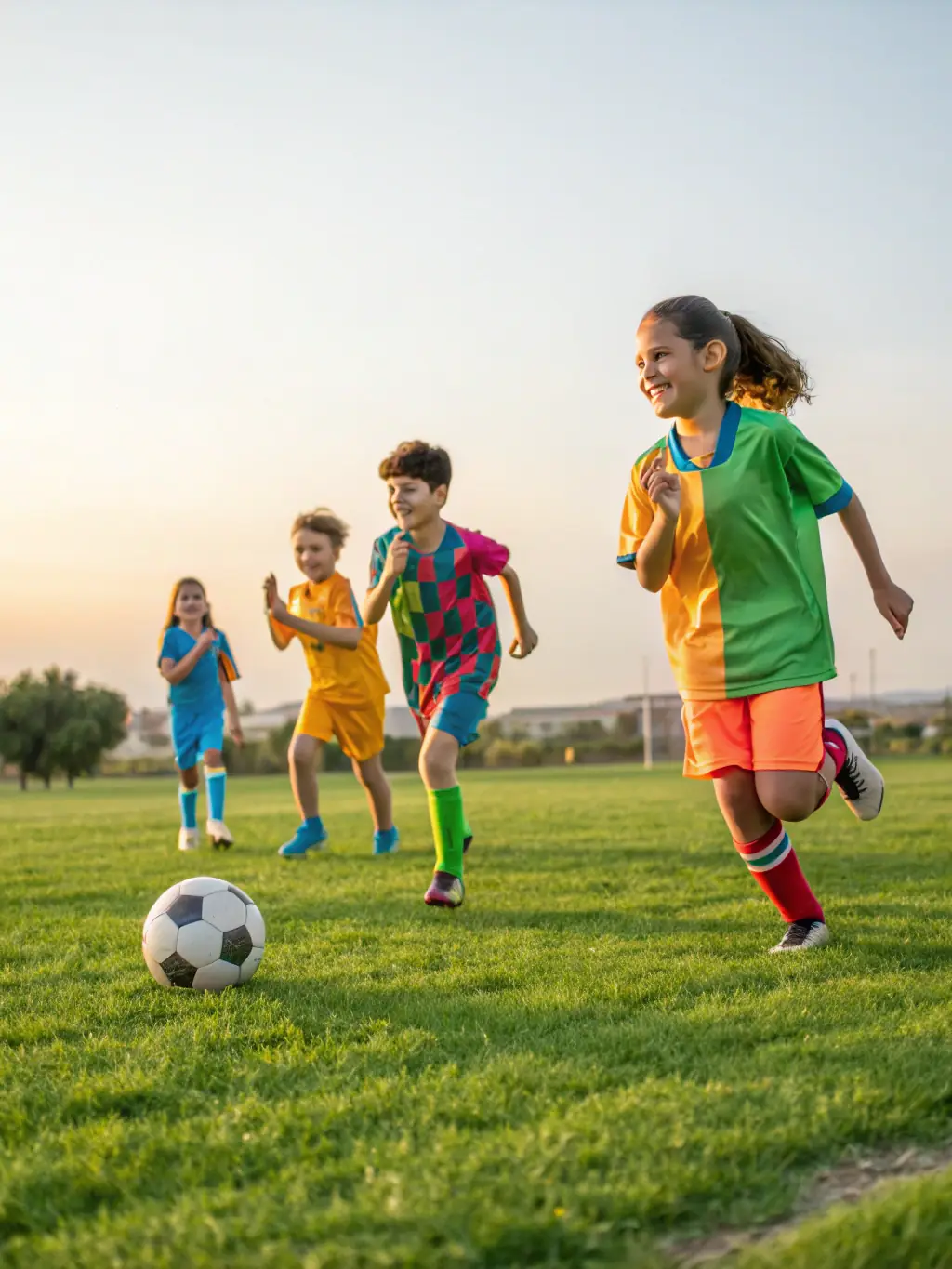 A vibrant image of children playing soccer in a well-maintained field, showcasing the youth soccer program offered by Union Sportive de Marolles.