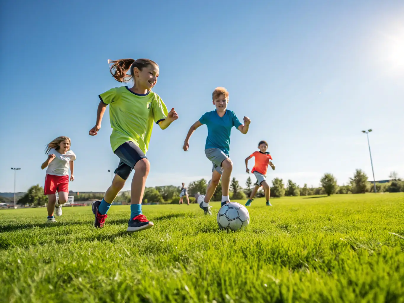 An action shot of children participating in a soccer clinic, demonstrating skill-building and teamwork under the guidance of a coach.