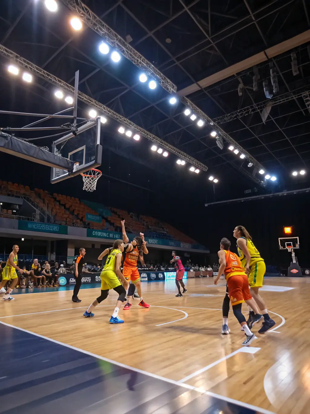 An action shot of adults playing basketball in an indoor court, highlighting the adult basketball league at Union Sportive de Marolles.