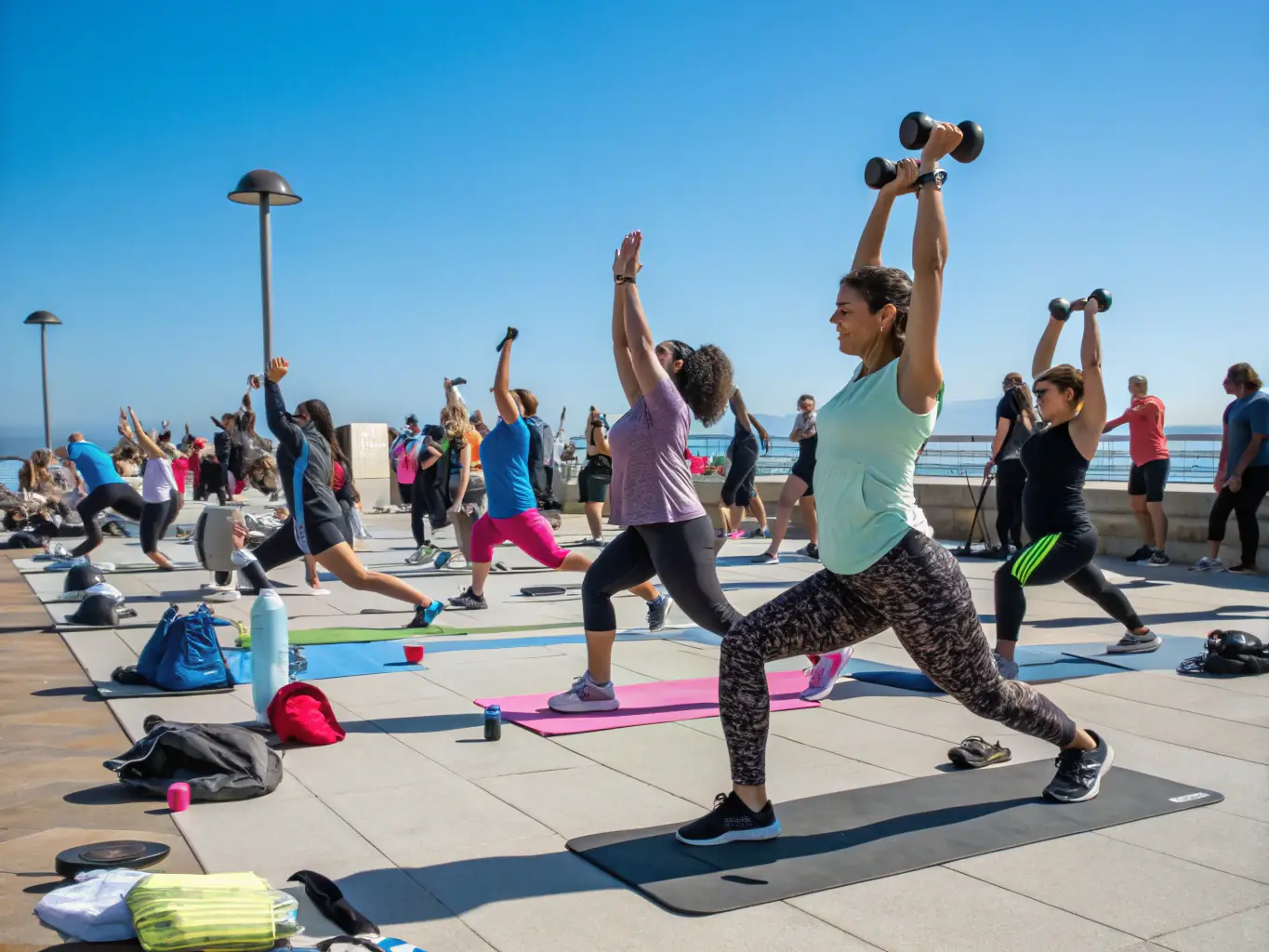A group of people participating in a fitness class outdoors, highlighting the energy, community, and health benefits of the program.