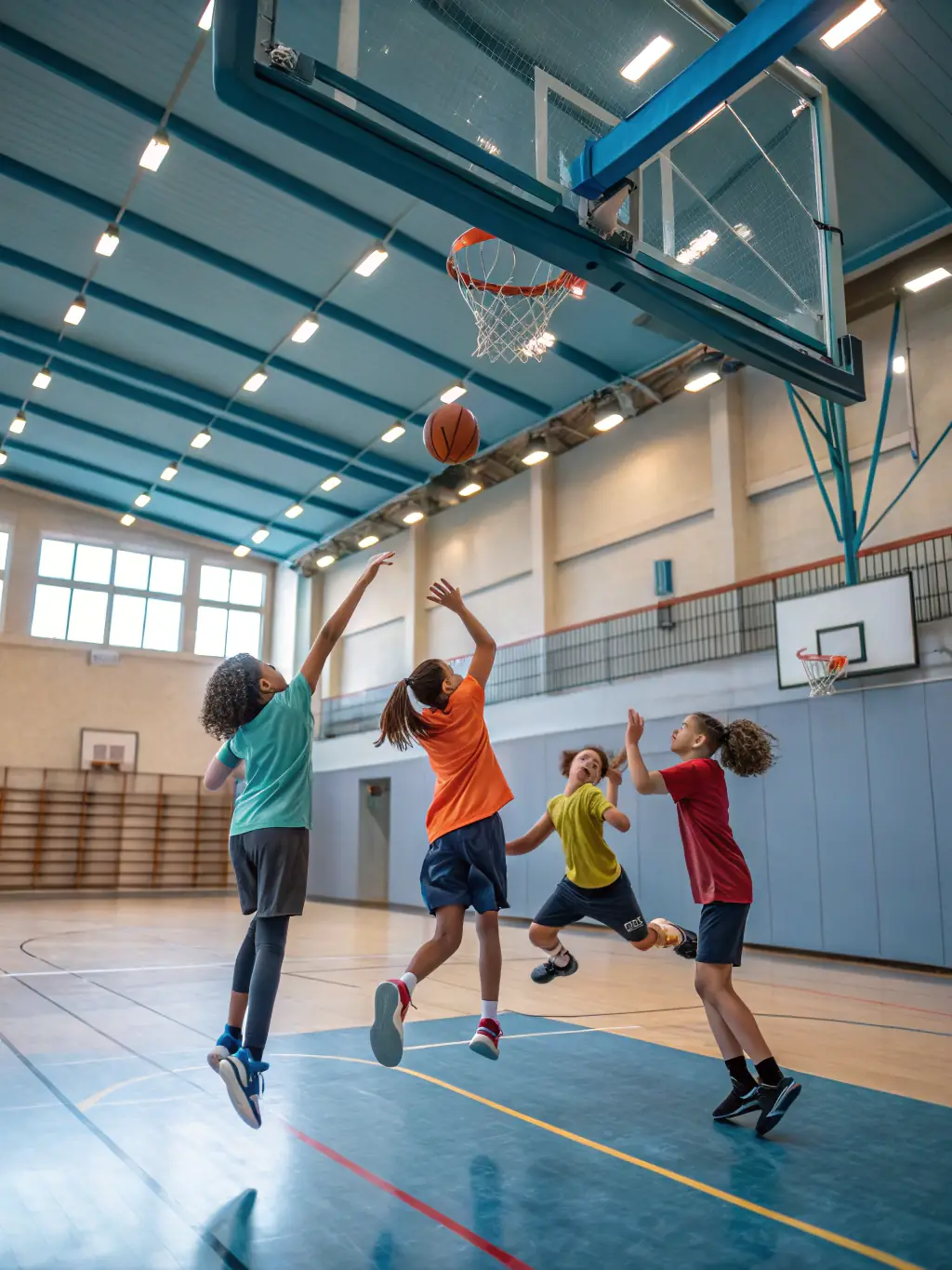 Image of teenagers playing a basketball game indoors, showcasing the energy and teamwork involved in the basketball program.
